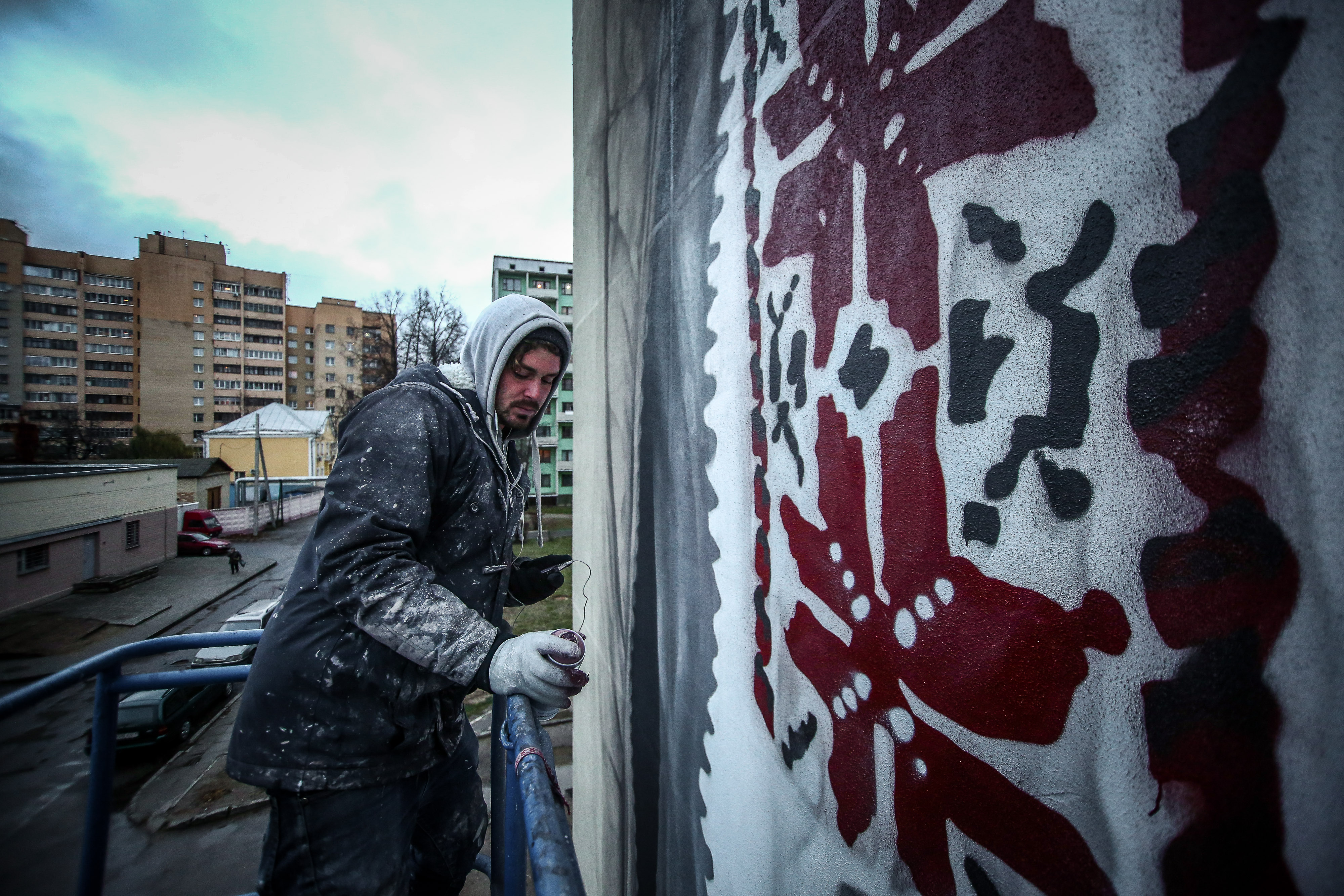 Finishing details at the University of Culture and Arts Minsk, Belarus. December 2015 Photograph: Siarhei Hudzilin