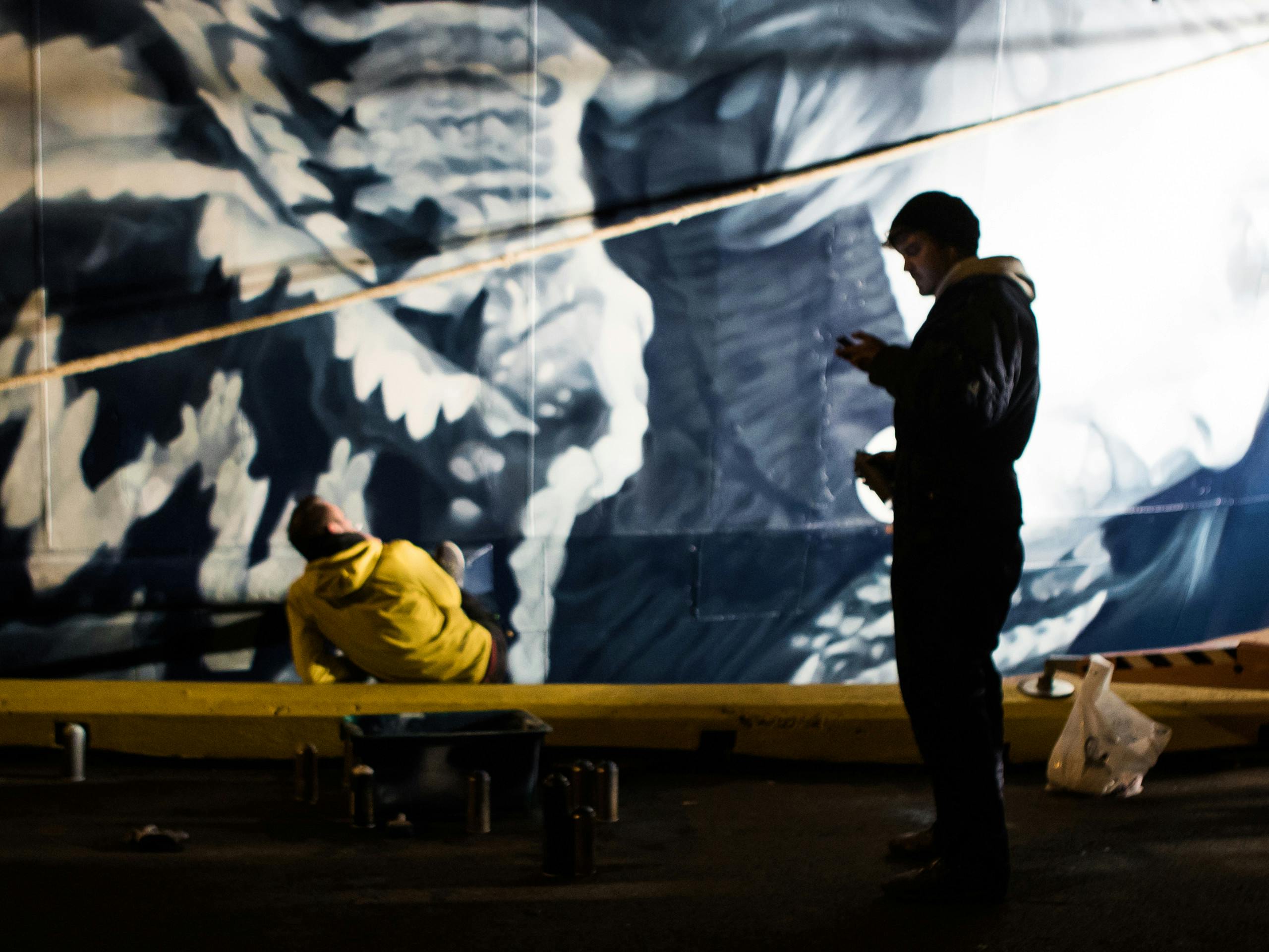 Finnur Fjölnisson and Guido van Helten working on the final night Akureyri, Iceland. August 2015 Photograph: Selina Miles