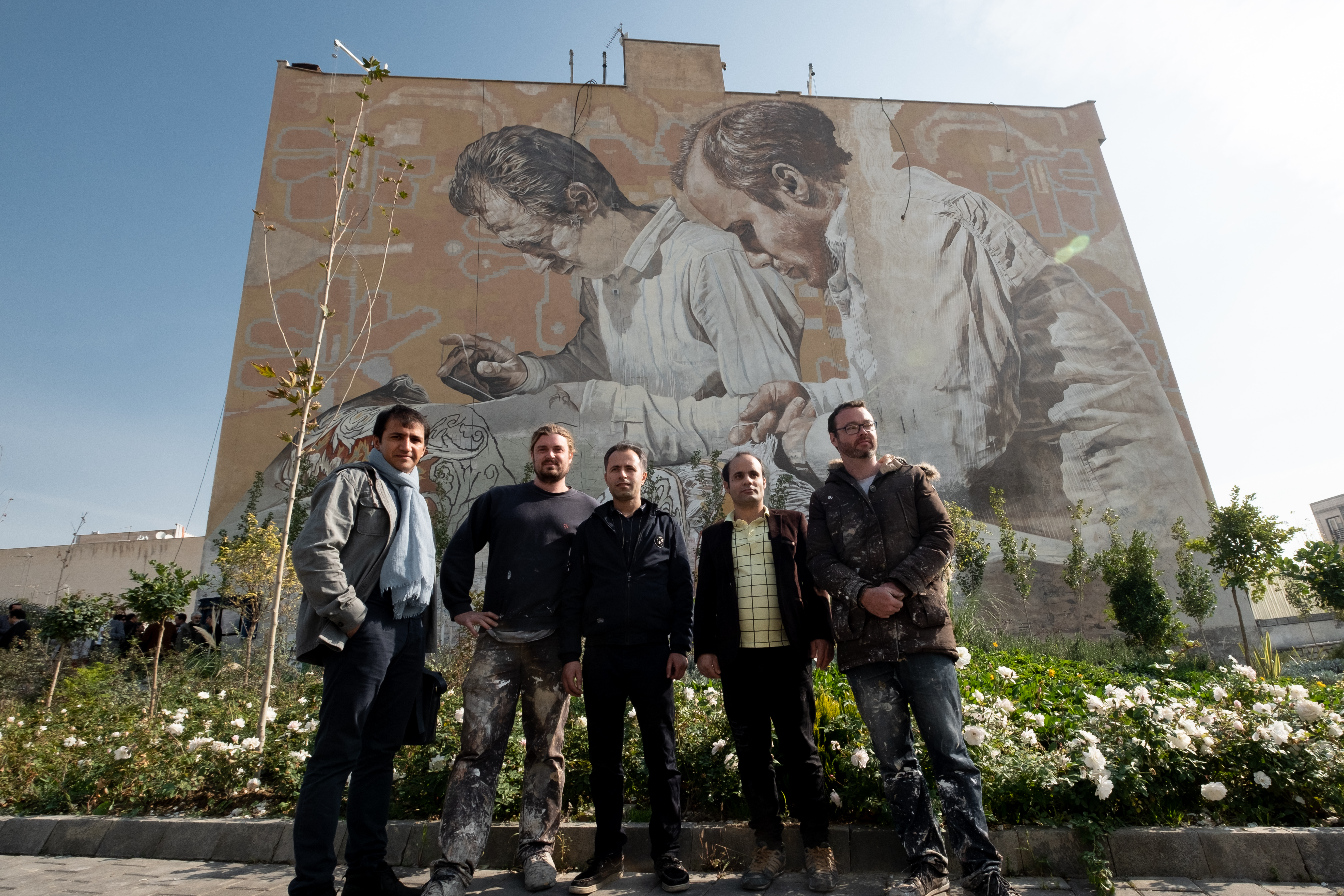 Morteza, Guido, Fintan and the Carpet Workers Tehran, Iran. November 2018 Photograph: Guido van Helten