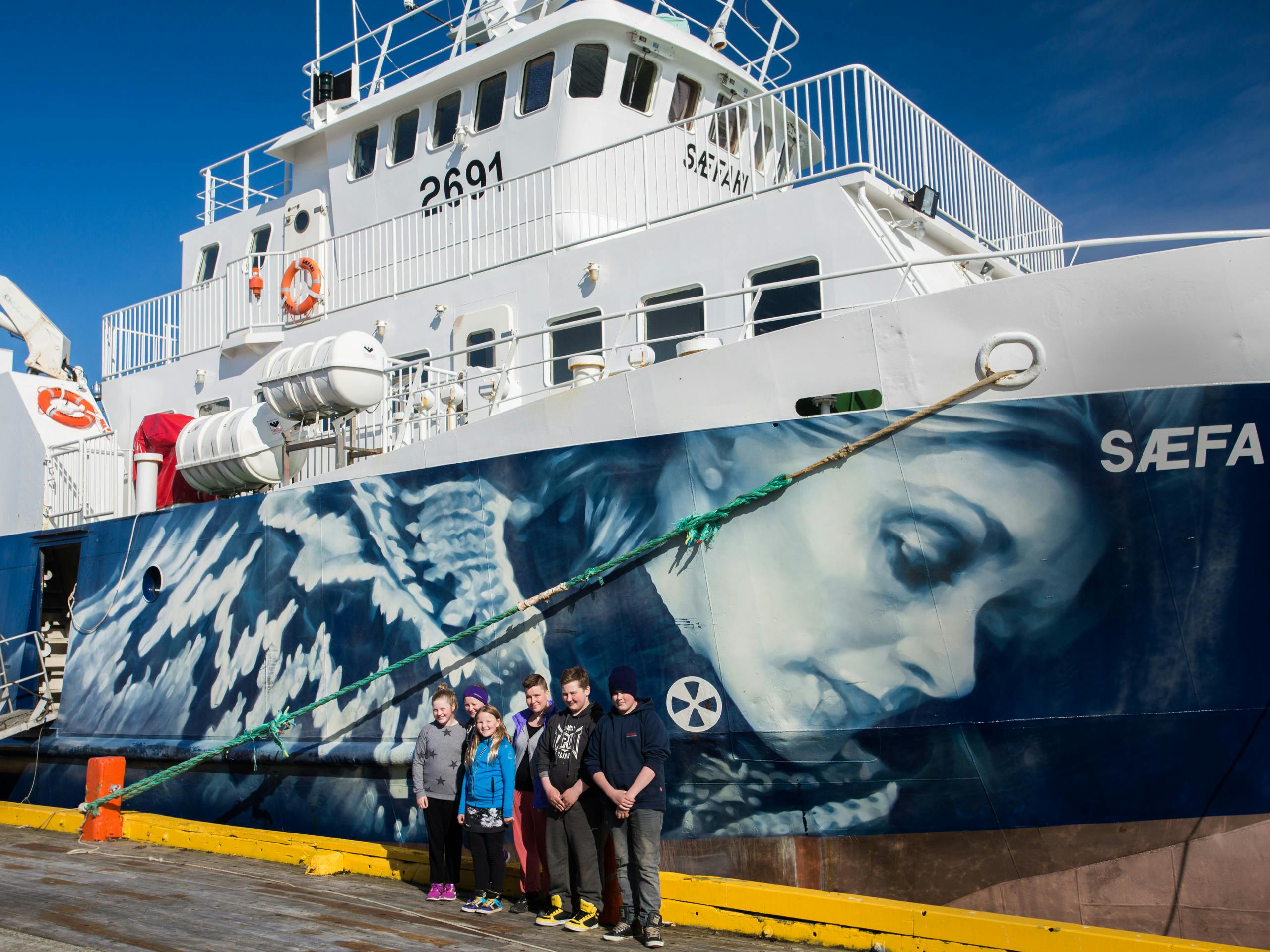 School students greet the ship in Grímsey Iceland. August 2015 Photograph: Selina Miles