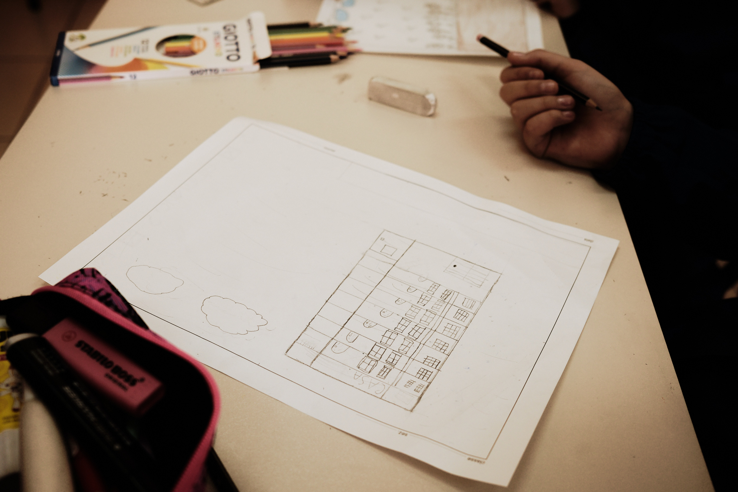 Students interpret the idea of Home - Workshop at Direzione Didattica Iv Circolo Elementare Marconi school at Trapani-Milo, Sicily. December 2021