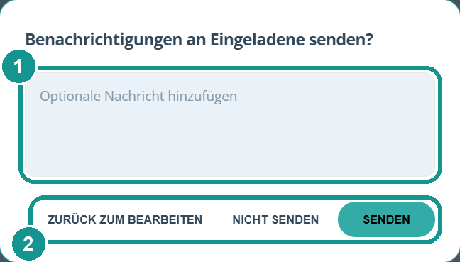 Dialog Benachrichtigungen an Eingeladene senden: 1 optionale Nachricht, 2 Senden, Nicht senden oder Zurück zum Bearbeiten