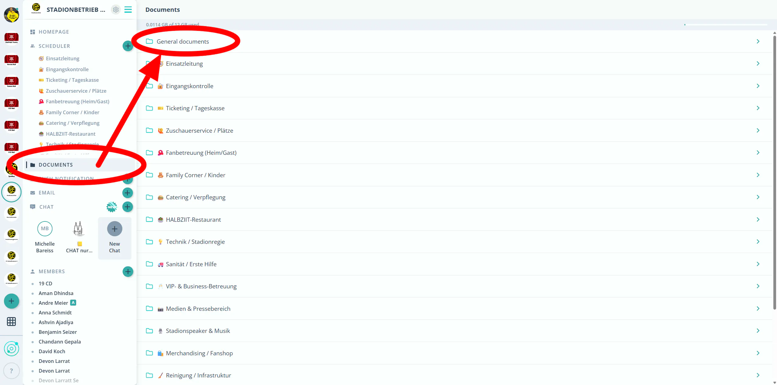 Documents overview with “General documents” at the top and the group folders below.