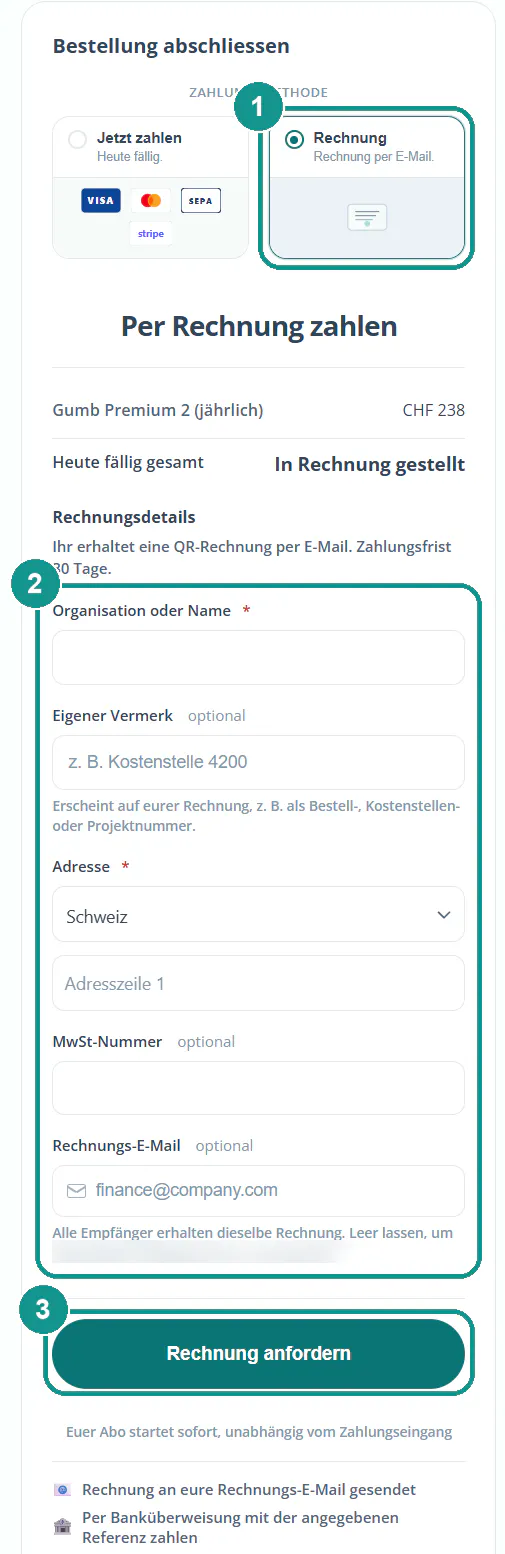 Bestellung abschliessen per Rechnung: 1 Zahlungsmethode Rechnung, 2 Rechnungsdetails, 3 Rechnung anfordern