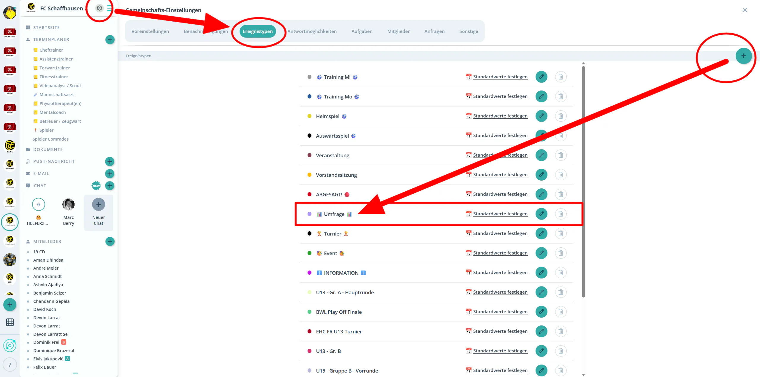 Gemeinschafts-Einstellungen → Tab „Ereignistypen" mit markiertem „+"-Button und Beispiel-Eintrag „Umfrage 📊".