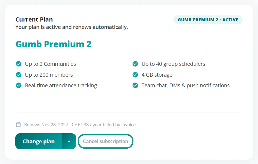 Current plan on the subscription page with the "Cancel subscription" link highlighted