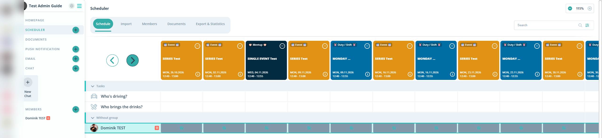 Scheduler with events in different colors by event type