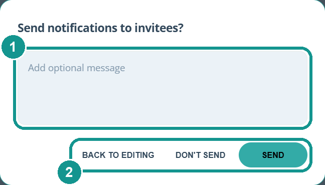 Send notifications to invitees dialog: 1 optional message, 2 Send, Don't send or Back to editing