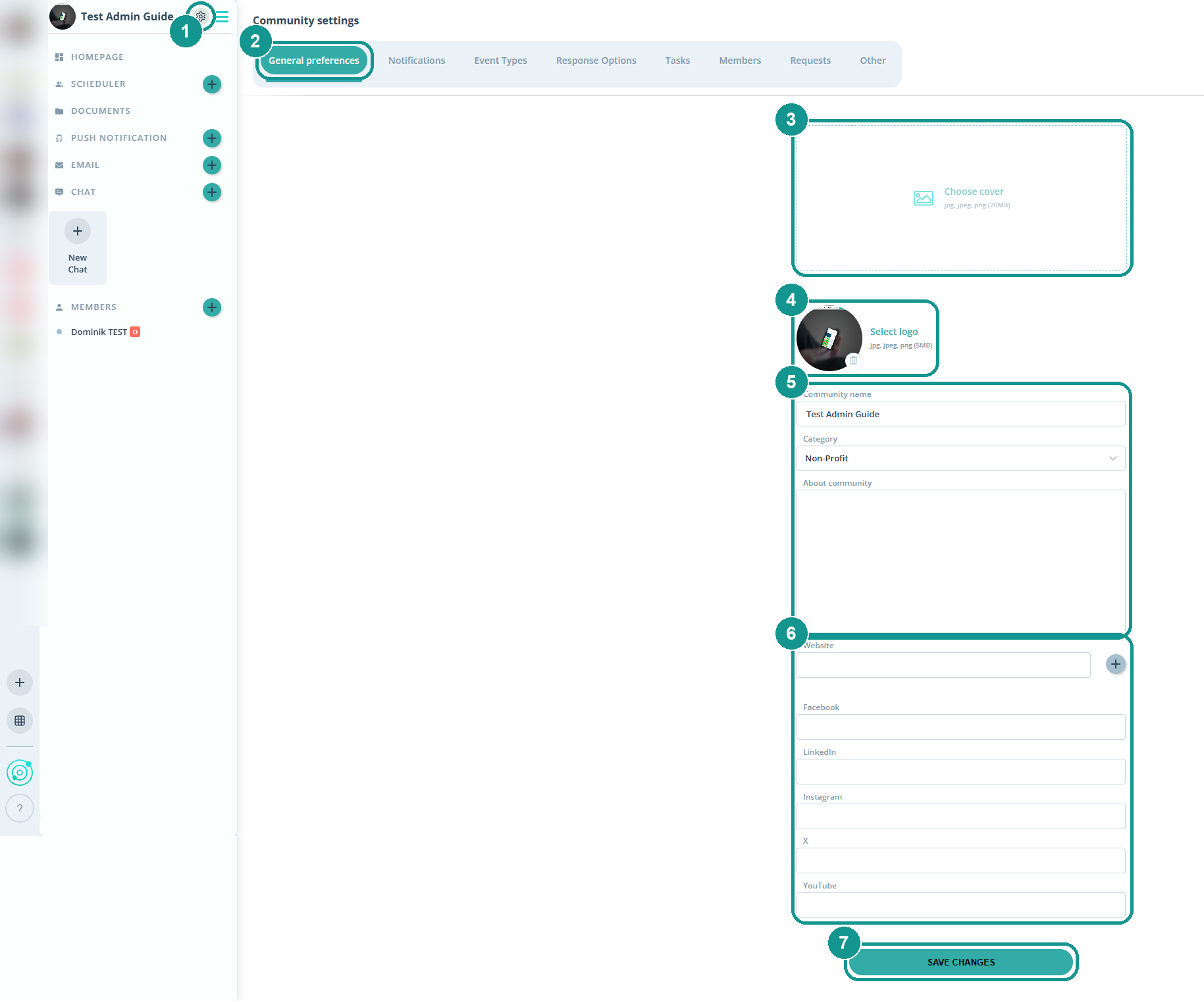 Community settings, General preferences tab: 1 gear, 2 General preferences, 3 Choose cover, 4 Select logo, 5 name, category and About community, 6 website and social media, 7 Save changes