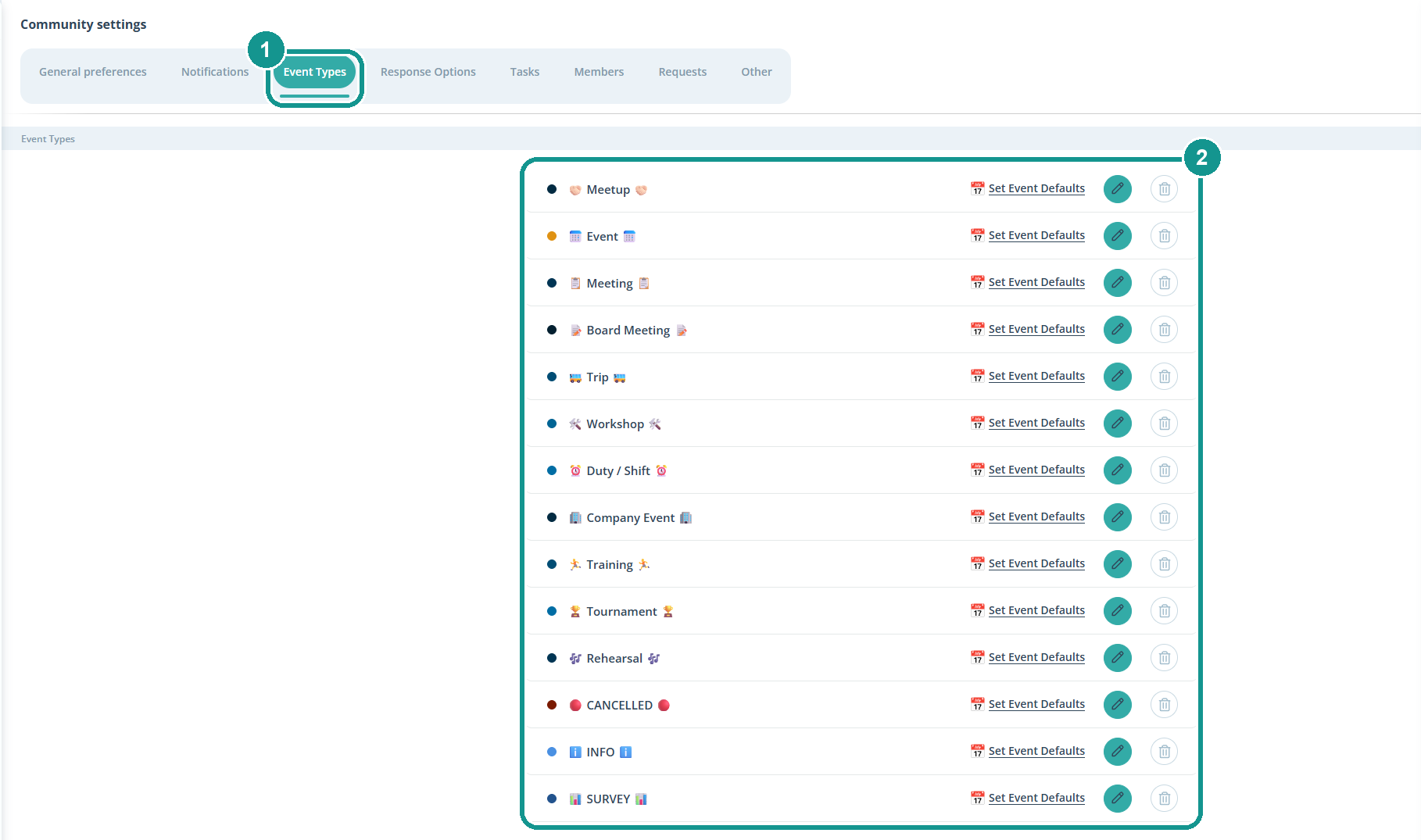 Community settings, Event Types tab: 1 tab, 2 event types apply to the whole community and all its groups