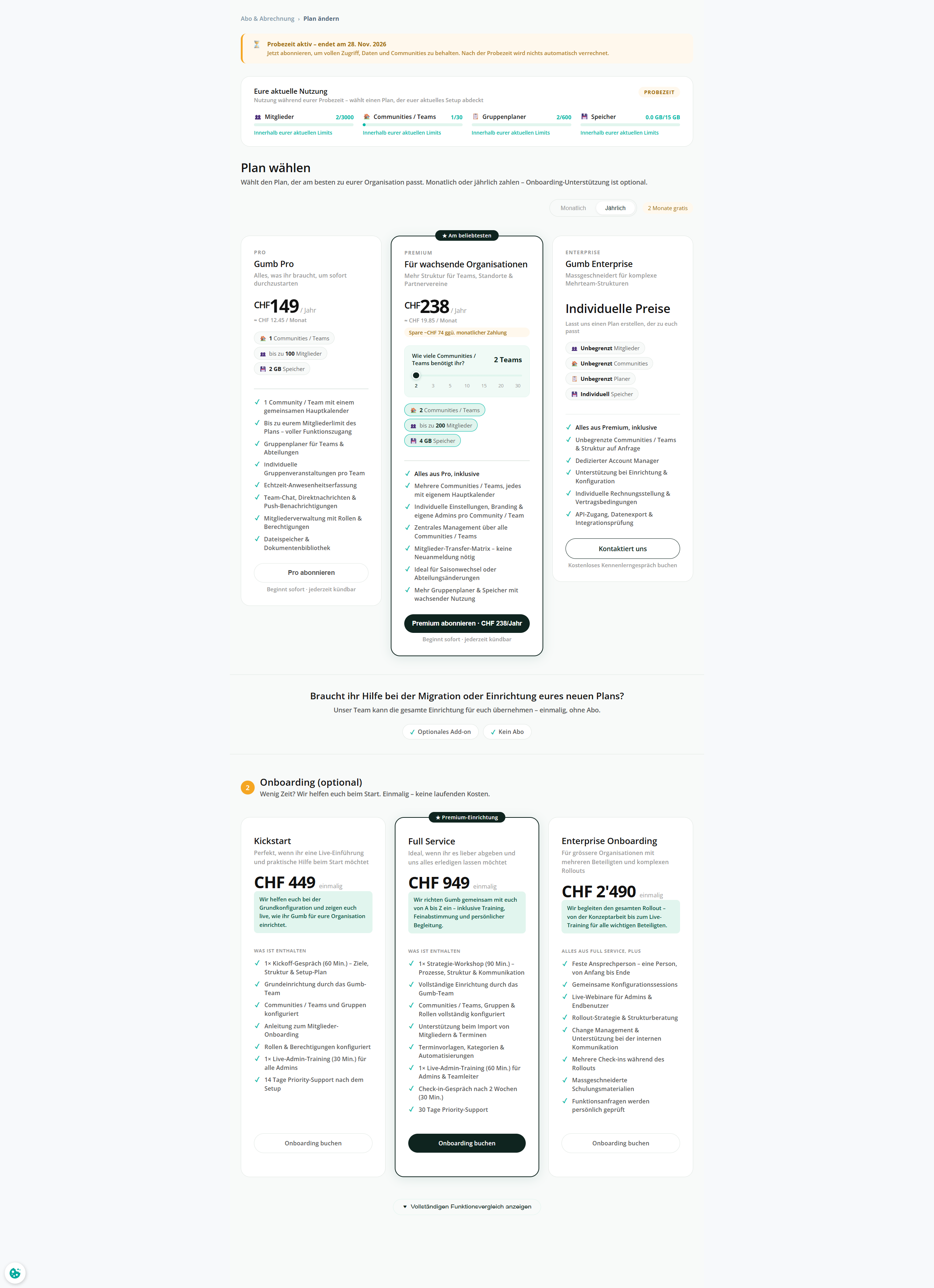  "Plan ändern" mit Schieberegler und Premium-Karte