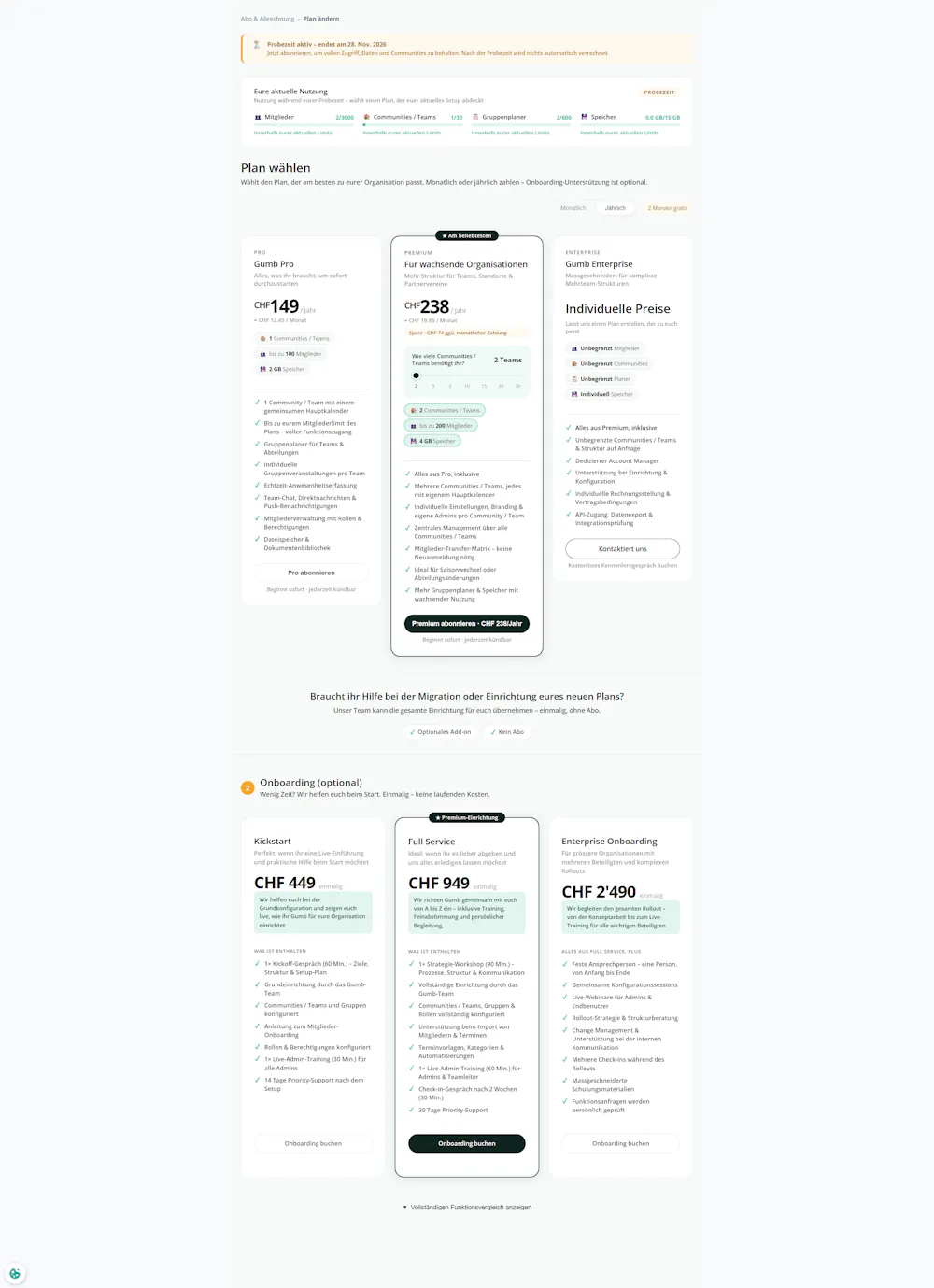 "Plan ändern" mit Schieberegler und Premium-Karte