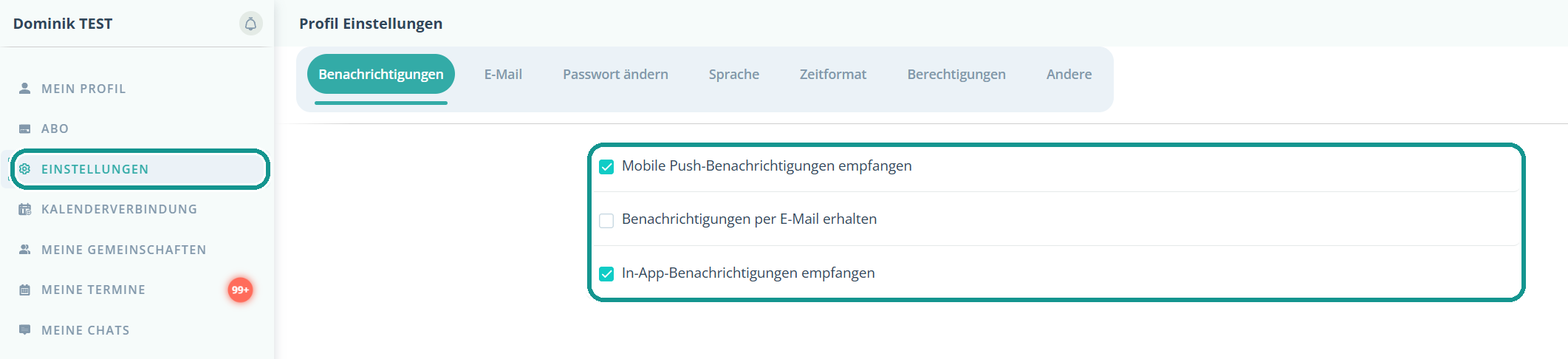 Profil-Einstellungen, Reiter Benachrichtigungen: Push, E-Mail und In-App an- oder abwählen