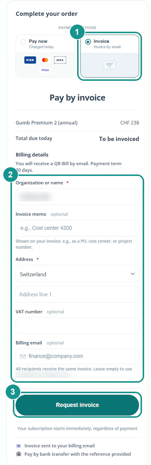 Complete your order by invoice: 1 payment method Invoice, 2 billing details, 3 Request invoice