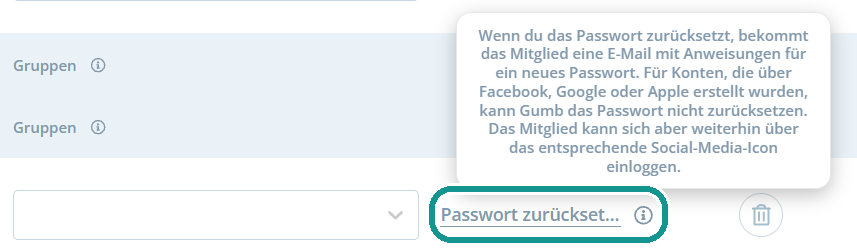 Hinweis bei Passwort zurücksetzen: Gumb schickt eine E-Mail mit Anweisungen, ausser bei Konten über Facebook, Google oder Apple
