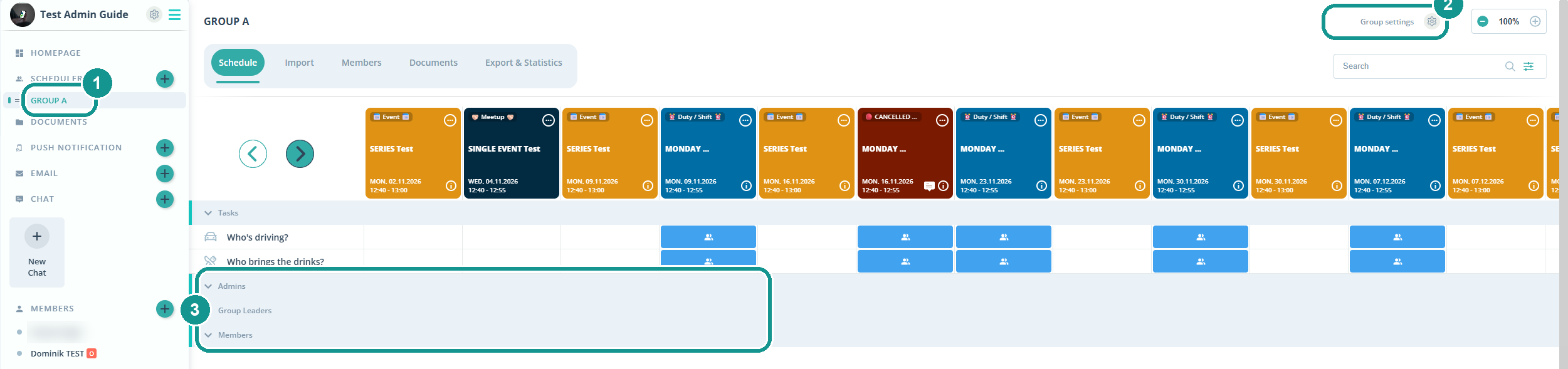 Group scheduler: 1 group in the left sidebar, 2 Group settings, 3 admins, group leaders and members