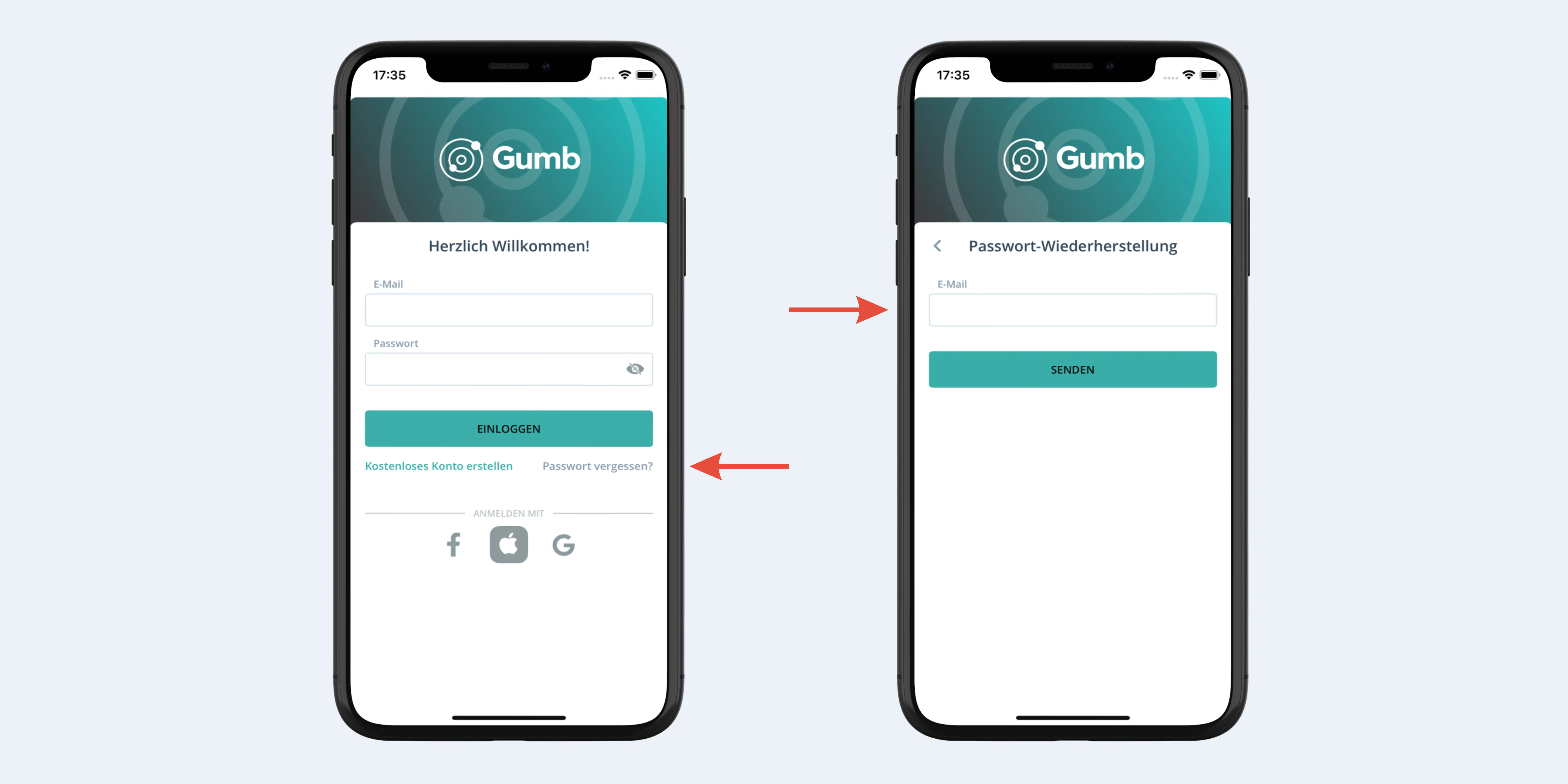 iOS-App: Login mit markiertem "Passwort vergessen" und Folgescreen "Passwort-Wiederherstellung"
