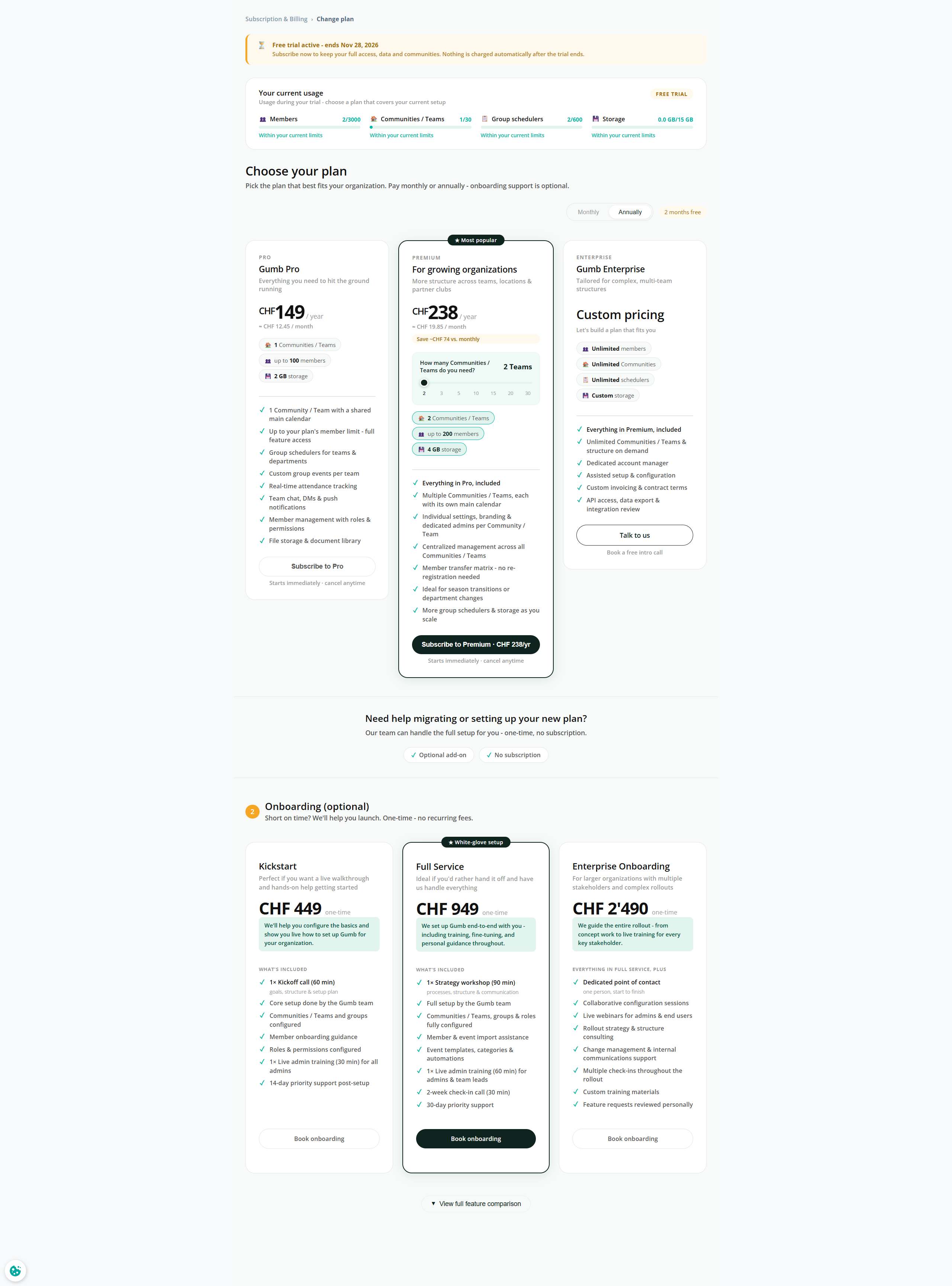 "Change plan" page with slider