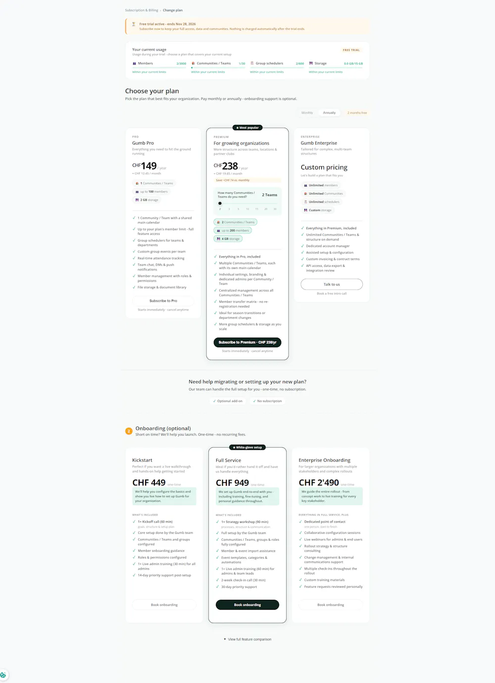 "Change plan" page with slider