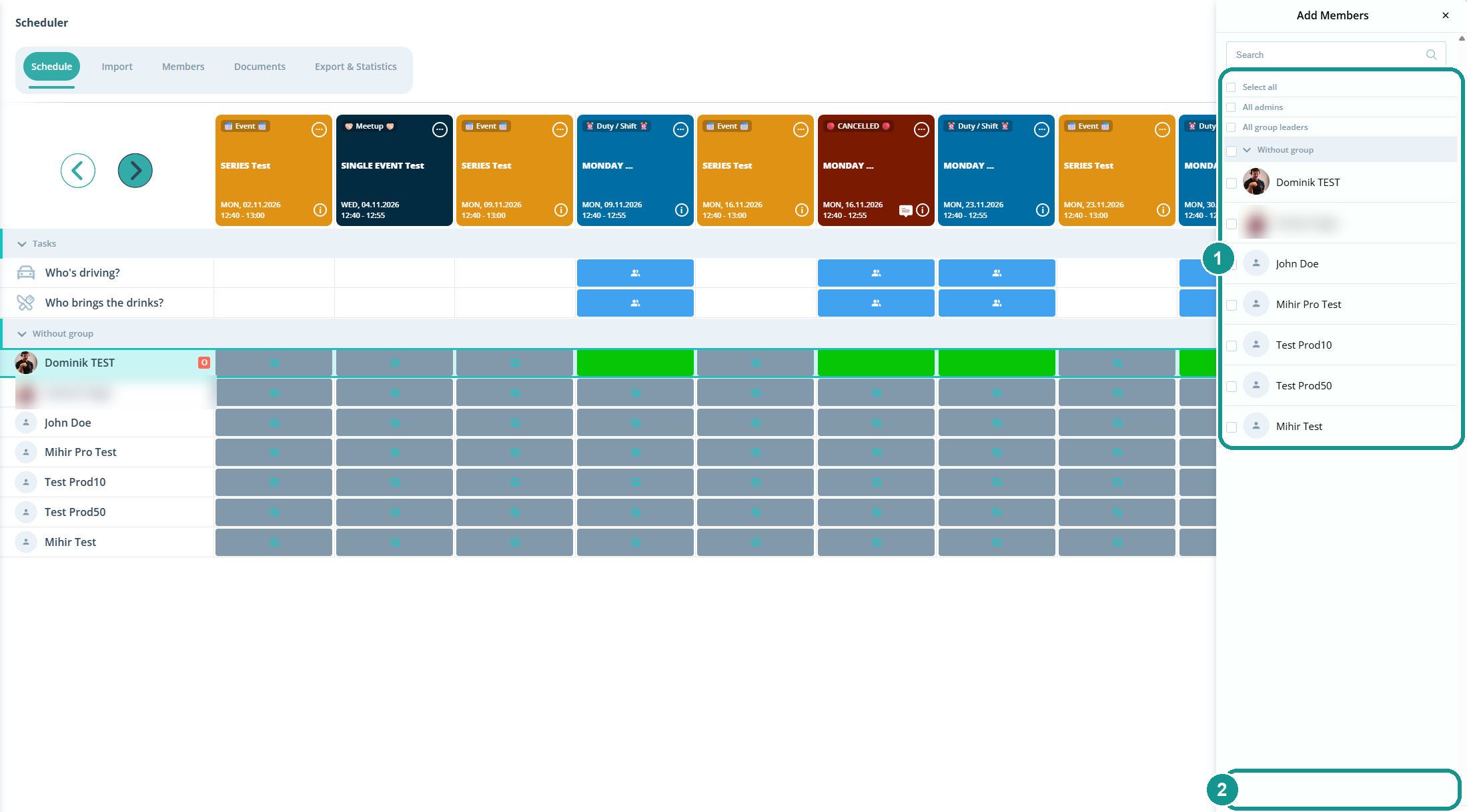 Select members for the new group: 1 list with check boxes, 2 Add Members
