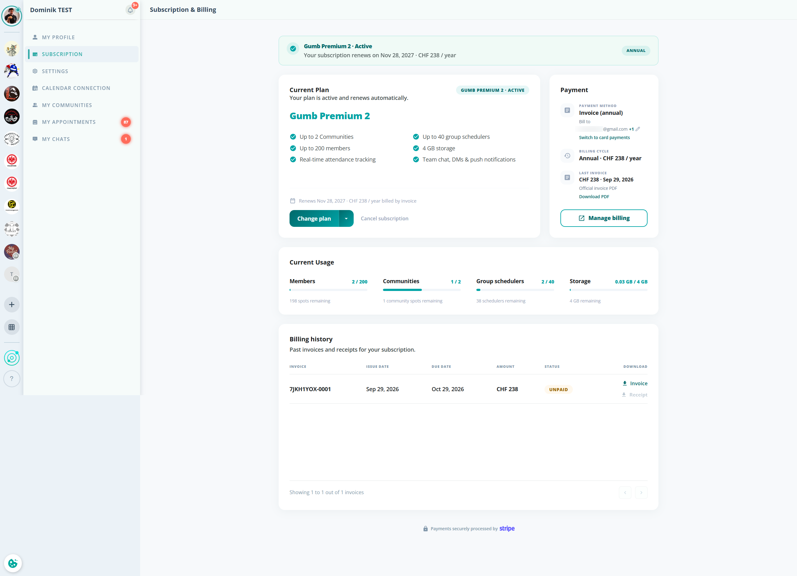 Subscription page with active plan and billing history