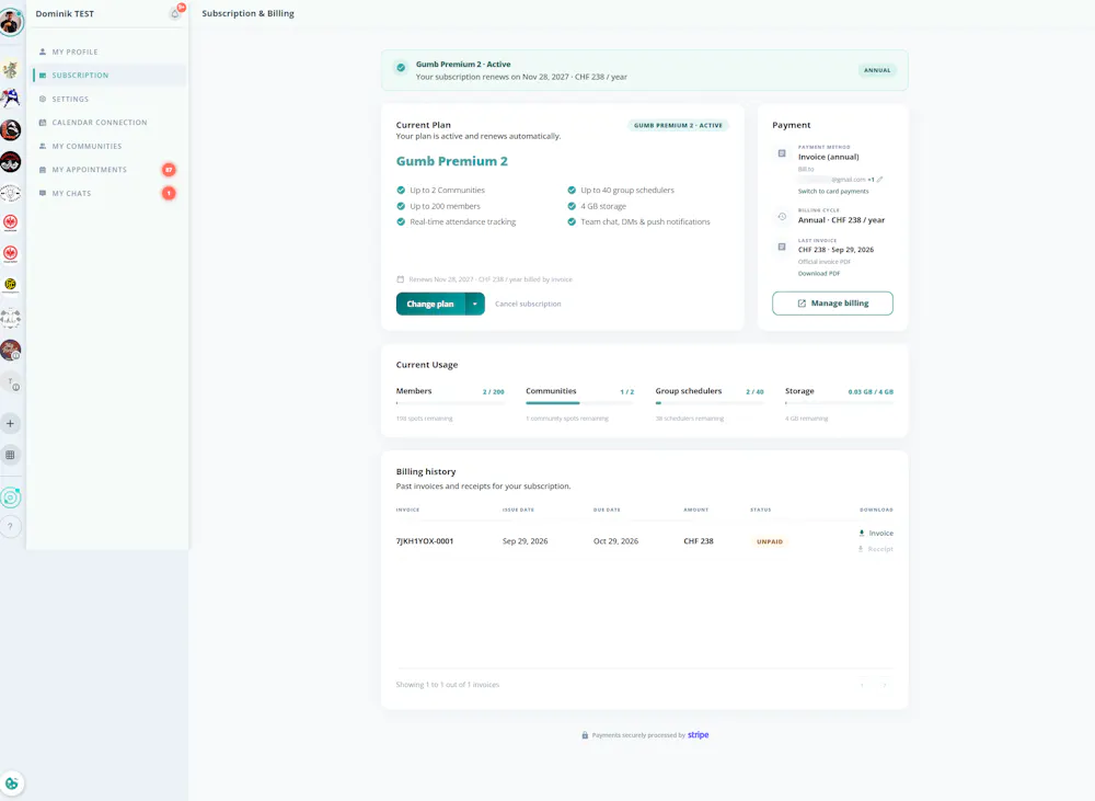 Subscription page with active plan and billing history