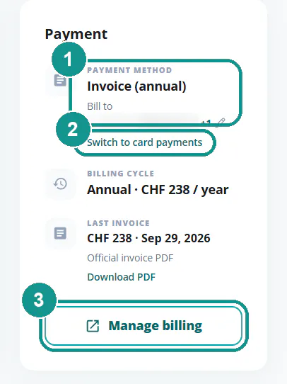 Payment section on the subscription page: 1 payment method, 2 Switch to card payments, 3 Manage billing