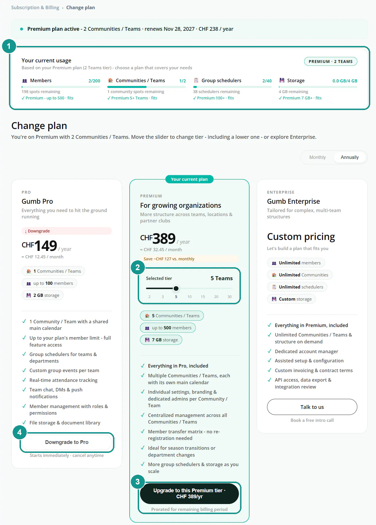Change plan page: 1 your current usage, 2 tier slider, 3 Upgrade to this Premium tier, 4 Downgrade to Pro