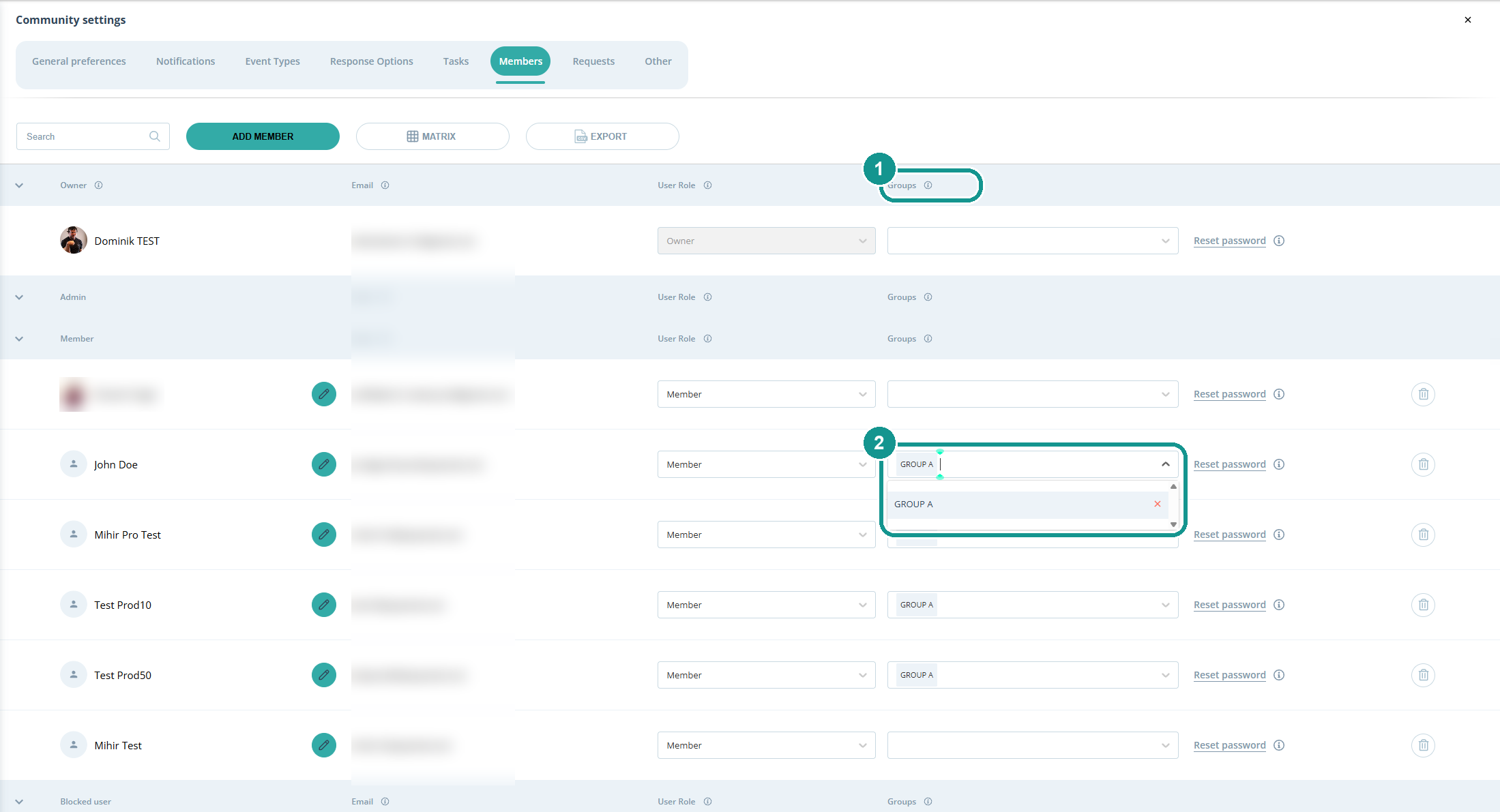 Community settings, Members tab: 1 Groups column, 2 pick or remove a group