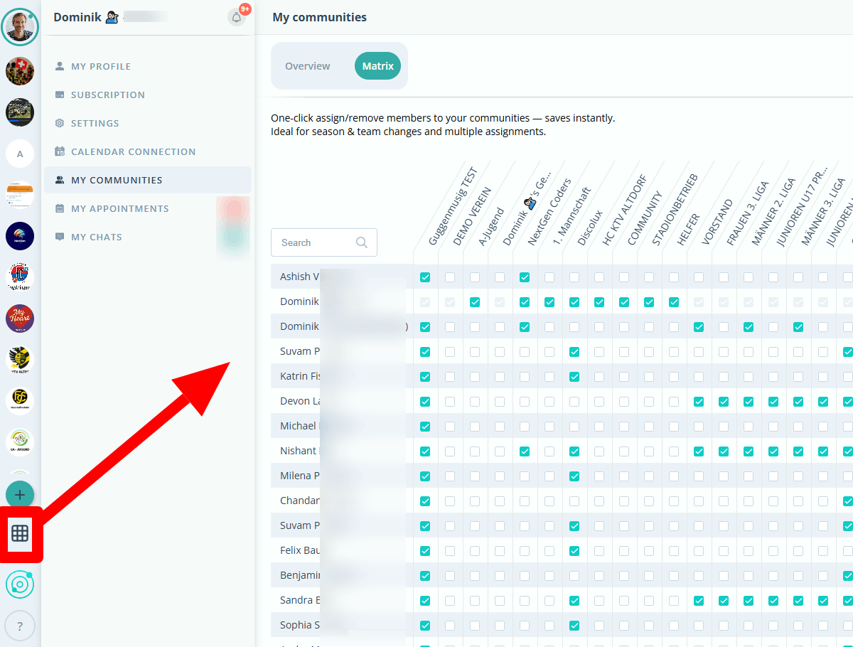 Left sidebar showing the Matrix icon