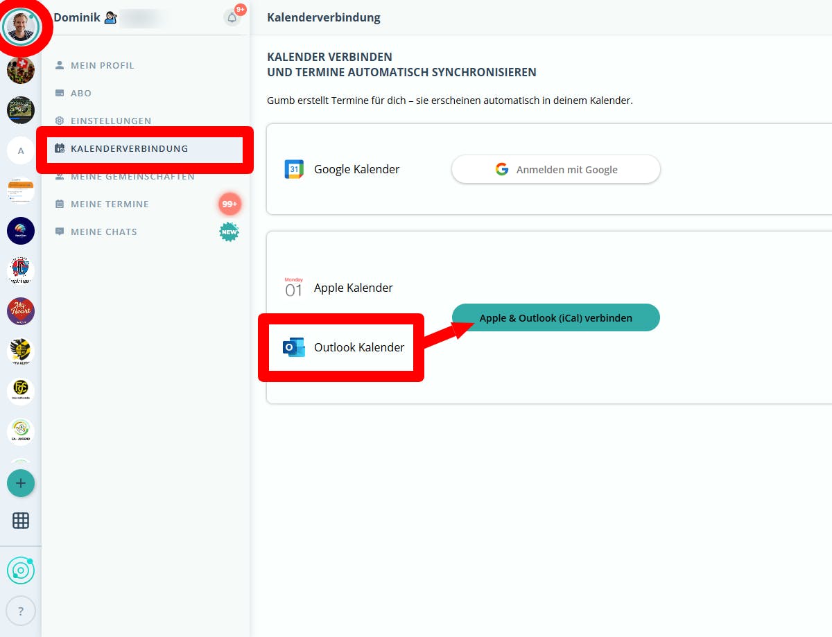 Gumb-Webansicht ‘Kalenderverbindung’ mit markiertem Button ‘Apple & Outlook (iCal) verbinden’ im Abschnitt ‘Outlook Kalender