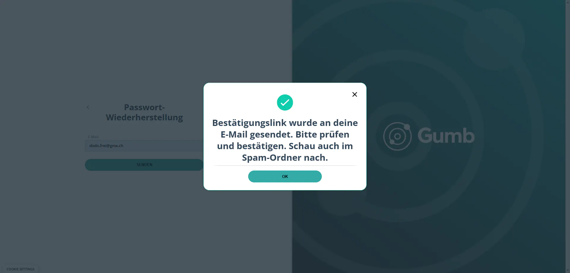Bestätigungsmeldung "E-Mail wurde an deinen Posteingang gesendet"