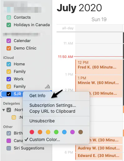 macOS Calendar – Rechtsklick auf abonnierten Kalender → Informationen