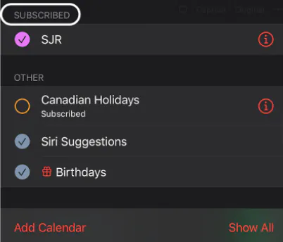 iOS Calendar – Kalender-Liste mit abonnierten Kalendern