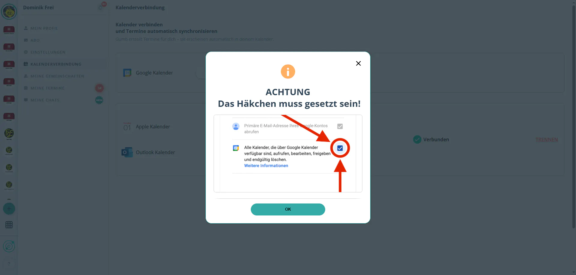 Gumb Hinweisfenster beim Verbinden mit Google Kalender: Das Häkchen bei «Alle Kalender» muss gesetzt sein, bevor du auf OK klickst.