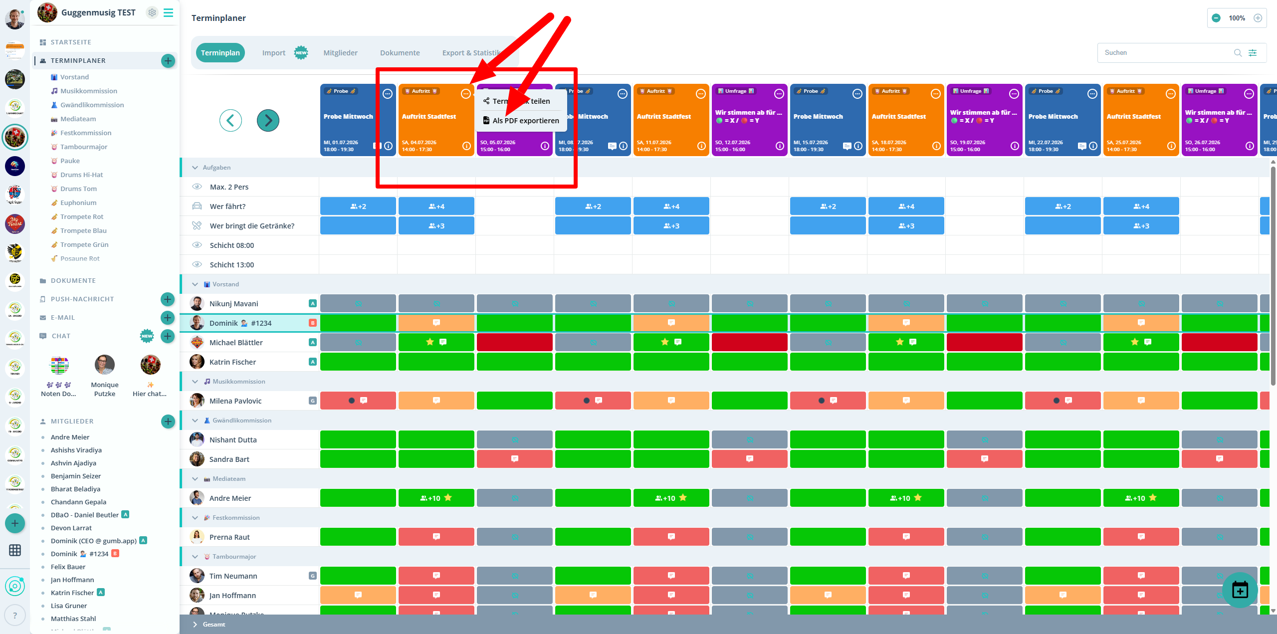 Terminmenü mit der Option ‚Als PDF exportieren'