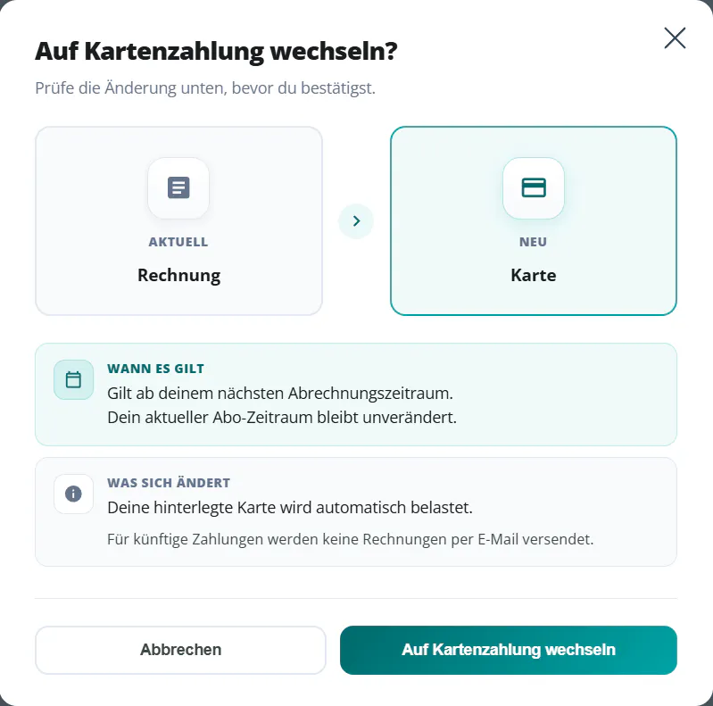Dialog "Auf Kartenzahlung wechseln?": gilt ab dem nächsten Abrechnungszeitraum, danach wird die hinterlegte Karte automatisch belastet