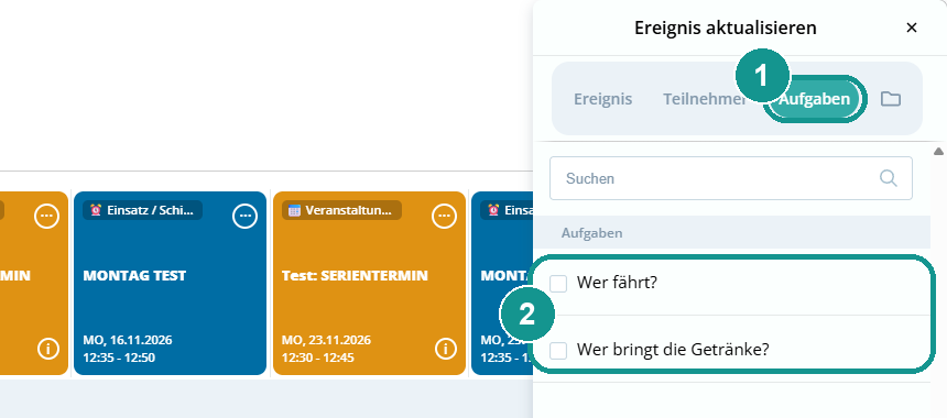 Fenster Ereignis aktualisieren: 1 Reiter Aufgaben, 2 Aufgaben für diesen Termin anhaken