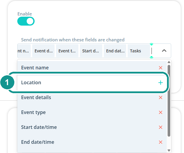 Field filter for Event updated: 1 Location is deselected