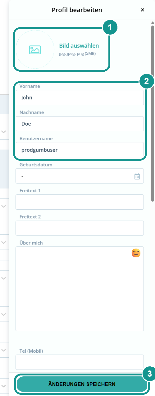 Fenster Profil bearbeiten: 1 Bild auswählen, 2 Vorname, Nachname und Benutzername, 3 Änderungen speichern