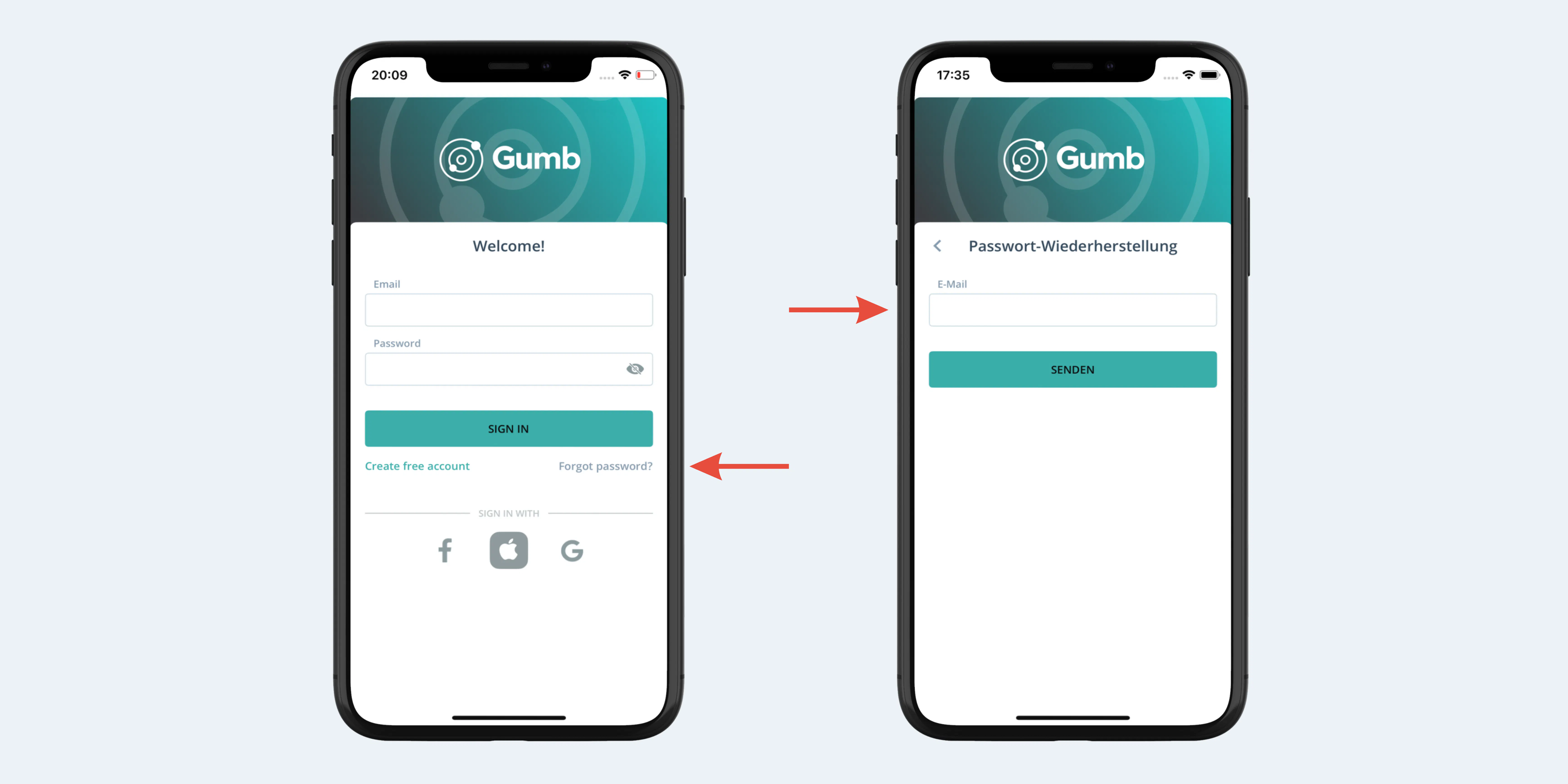 iOS app: login screen with "Forgot password" highlighted and the password recovery screen that follows