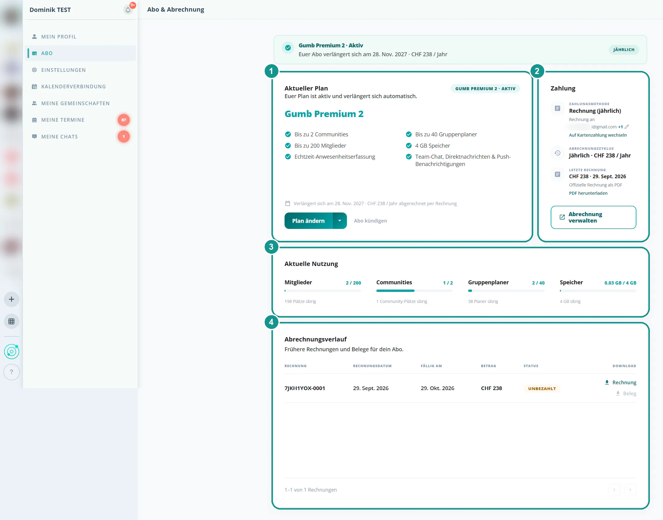 Abo-Seite in der Web-App mit Aktuellem Plan, Zahlung, Aktueller Nutzung und Abrechnungsverlauf