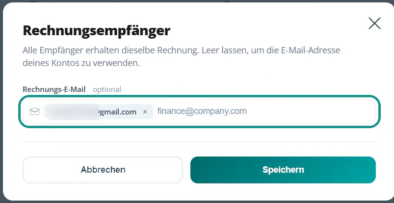 Dialog "Rechnungsempfänger" mit dem Feld für weitere Rechnungs-E-Mails