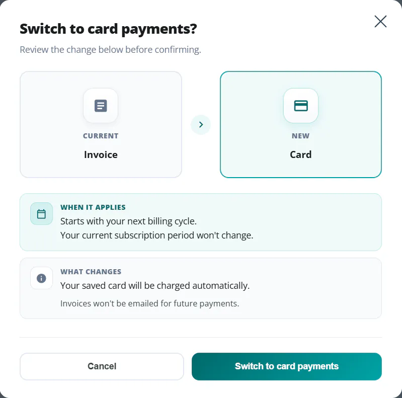 "Switch to card payments?" dialog: starts with your next billing cycle, then your saved card is charged automatically