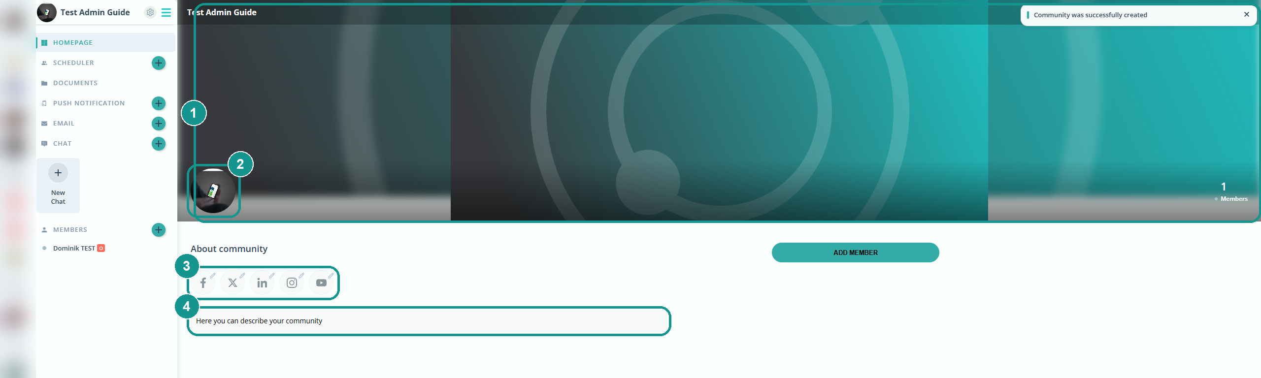Homepage of a new community: 1 cover, 2 logo, 3 social media links, 4 description