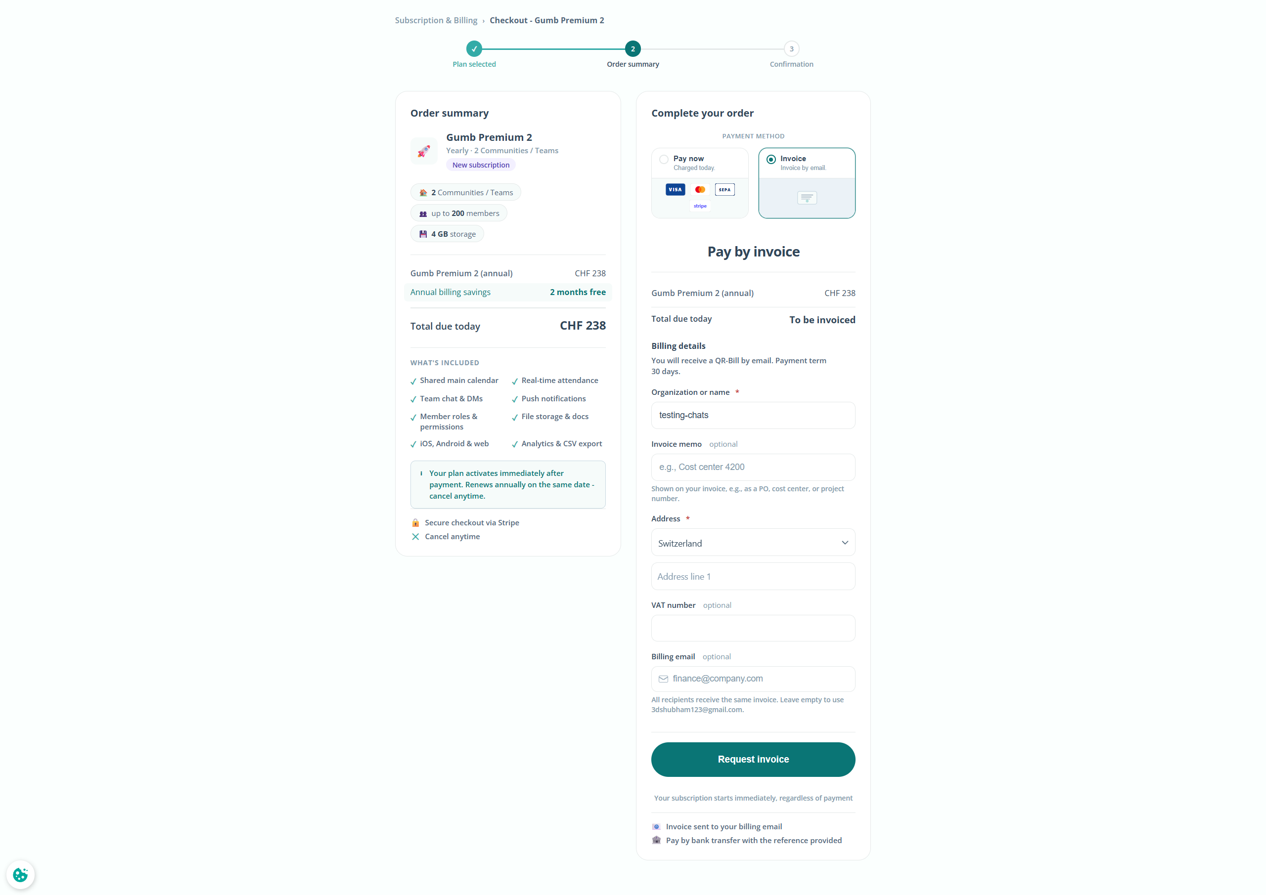Checkout with the "Pay now / Invoice" choice
