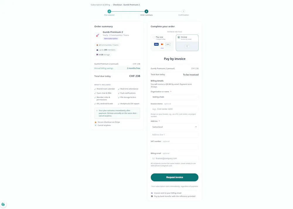 Checkout with the "Pay now / Invoice" choice