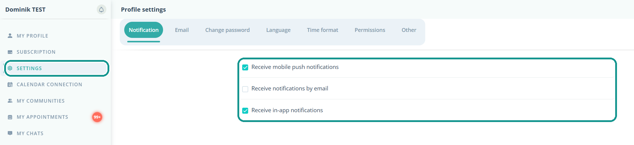 Profile settings, Notification tab: check or uncheck push, email and in-app