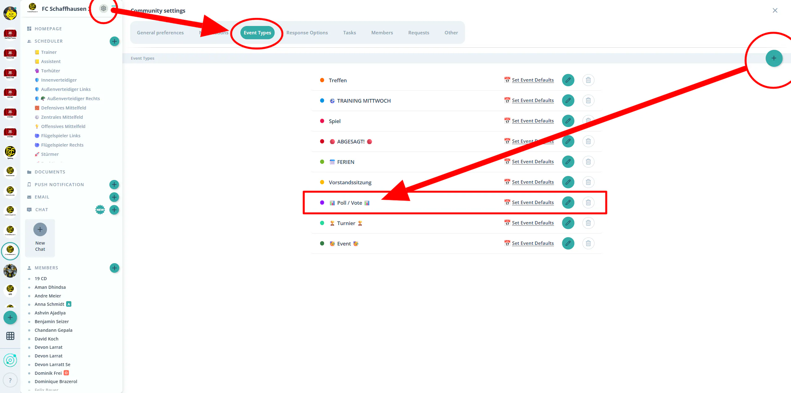Community Settings → "Event Types" tab with the "+" button highlighted and the example entry "Poll 📊".