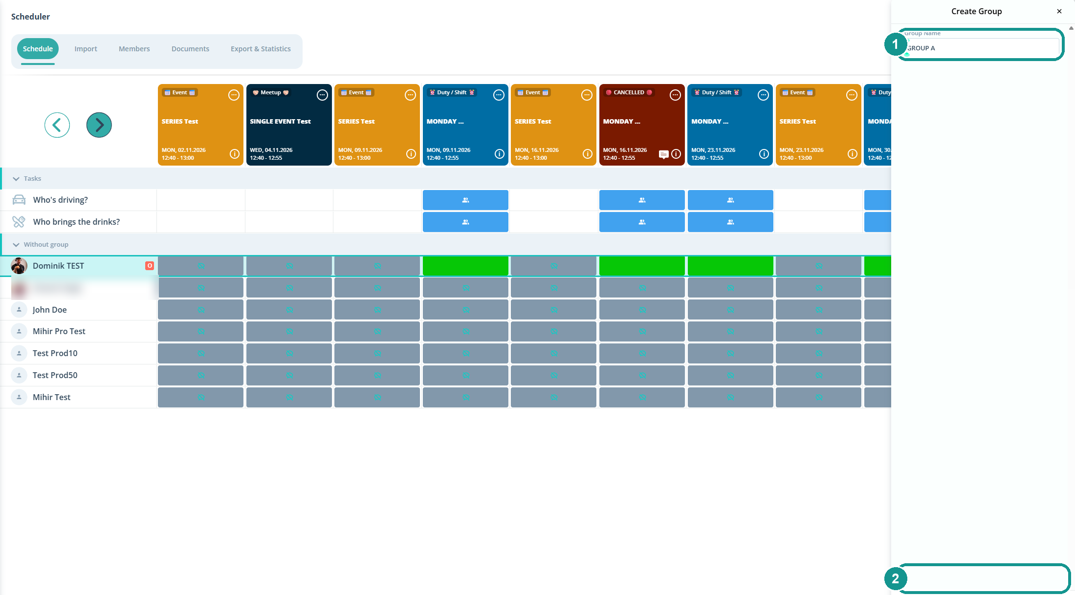 Create Group panel: 1 Group Name, 2 Create